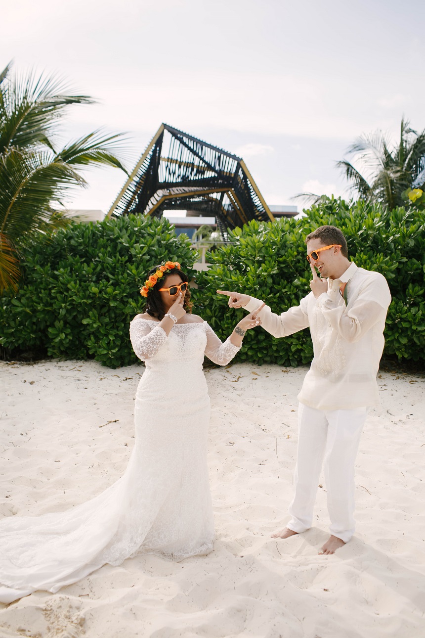 bride and groom on beach